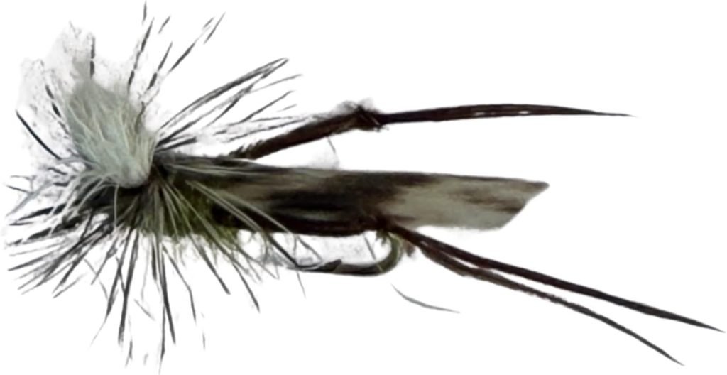 A hand-tied parachute hopper, the kind of buoyant dry fly that anchors a dry-dropper rig