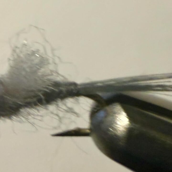 Gray Pat Dorsey RS2 trout fly, size 20