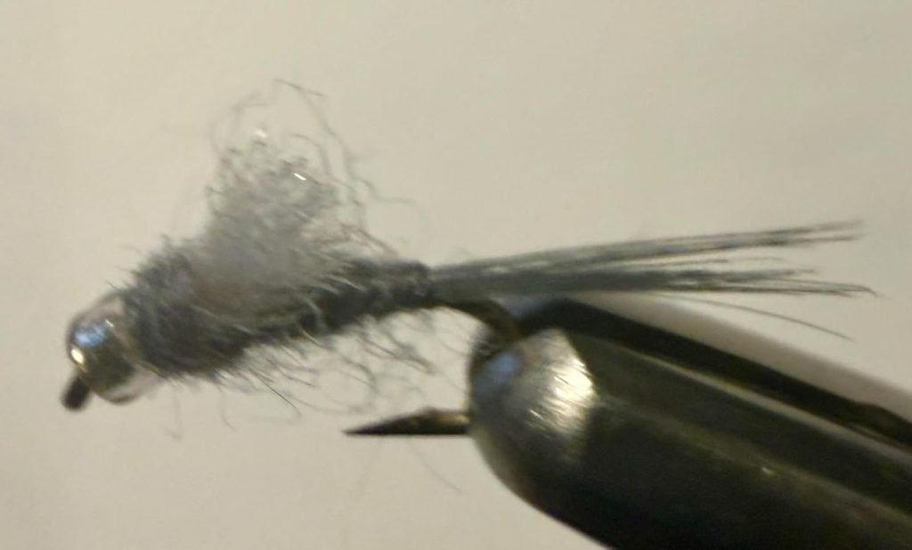 Gray Pat Dorsey RS2 trout fly, size 20