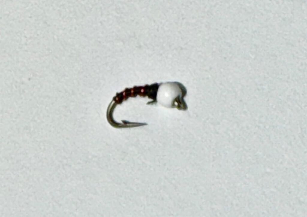 White White Bead Head Zebra Midge trout fly, size 20