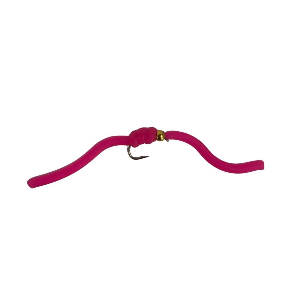 Pink Squirmy Worm trout fly, size 14