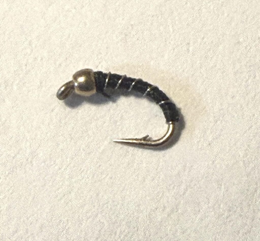 Black Zebra Midge trout fly, size 20